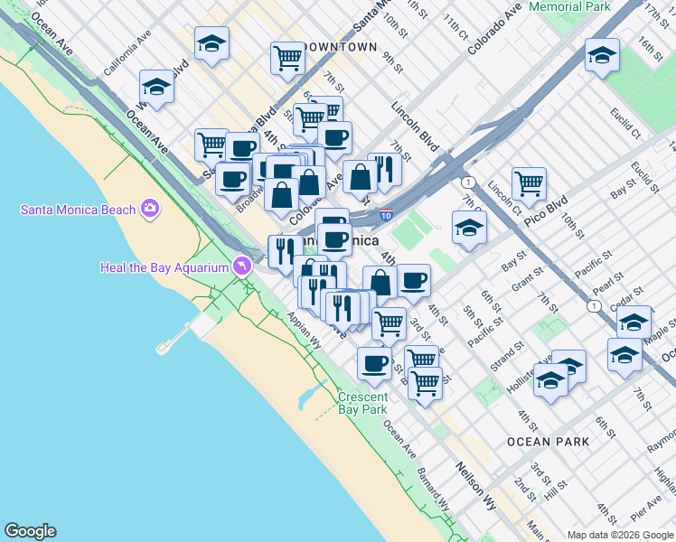 map of restaurants, bars, coffee shops, grocery stores, and more near 1705 Ocean Avenue in Santa Monica