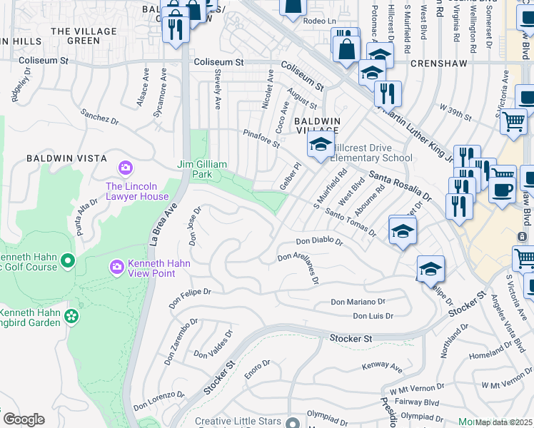 map of restaurants, bars, coffee shops, grocery stores, and more near 4451 Don Ricardo Drive in Los Angeles