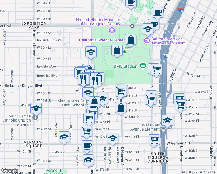 map of restaurants, bars, coffee shops, grocery stores, and more near 854 West Martin Luther King Junior Boulevard in Los Angeles