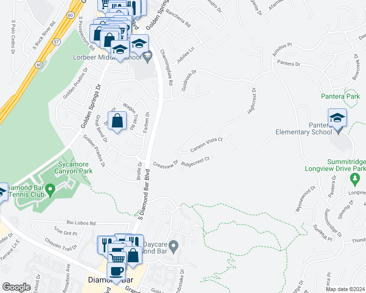map of restaurants, bars, coffee shops, grocery stores, and more near 760 Crestview Drive in Diamond Bar