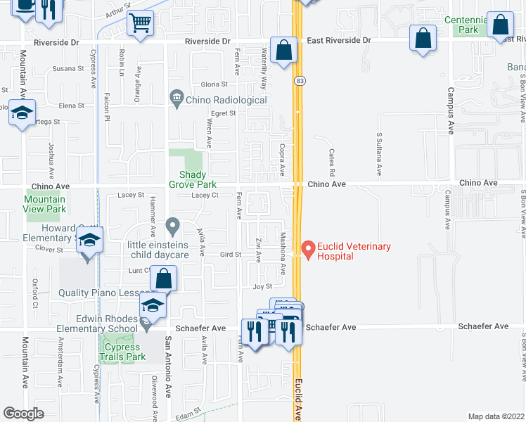 map of restaurants, bars, coffee shops, grocery stores, and more near 6998 Grison Street in Chino