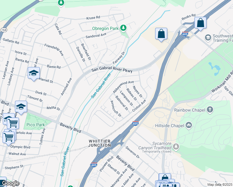 map of restaurants, bars, coffee shops, grocery stores, and more near 9907 Balmoral Street in Whittier