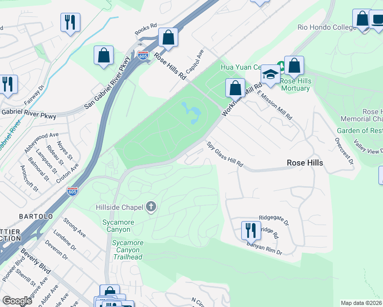 map of restaurants, bars, coffee shops, grocery stores, and more near 4512 Workman Mill Road in Whittier