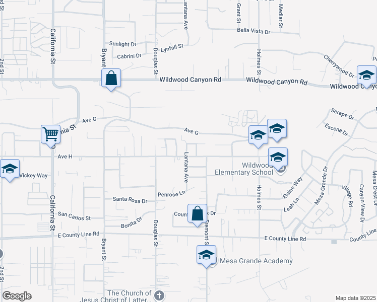 map of restaurants, bars, coffee shops, grocery stores, and more near 13377 Lantana Avenue in Yucaipa