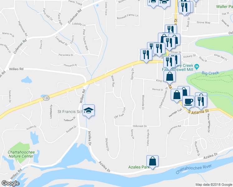 map of restaurants, bars, coffee shops, grocery stores, and more near 175 River Run in Roswell