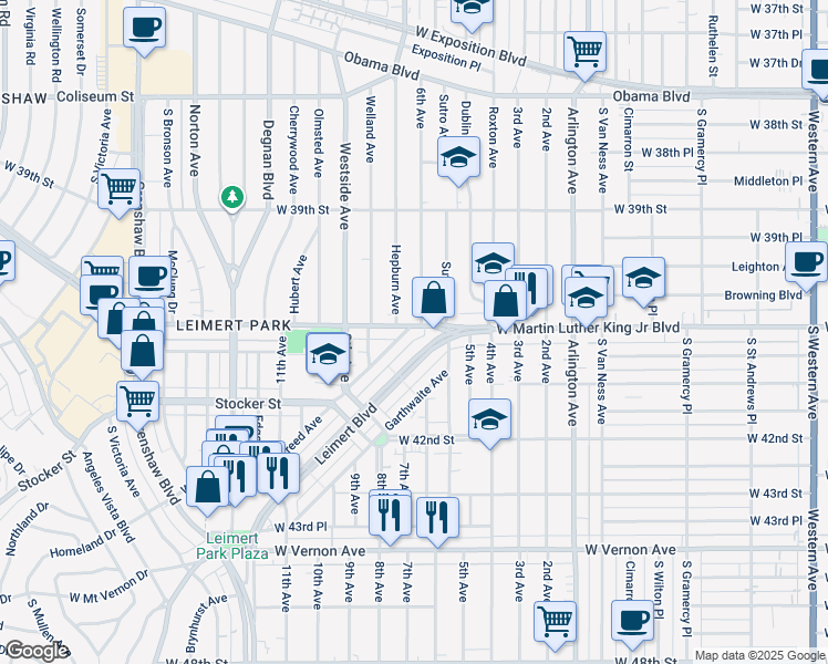 map of restaurants, bars, coffee shops, grocery stores, and more near 2836 West Martin Luther King Junior Boulevard in Los Angeles