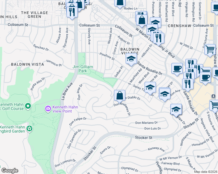 map of restaurants, bars, coffee shops, grocery stores, and more near 4451 Don Ricardo Drive in Los Angeles