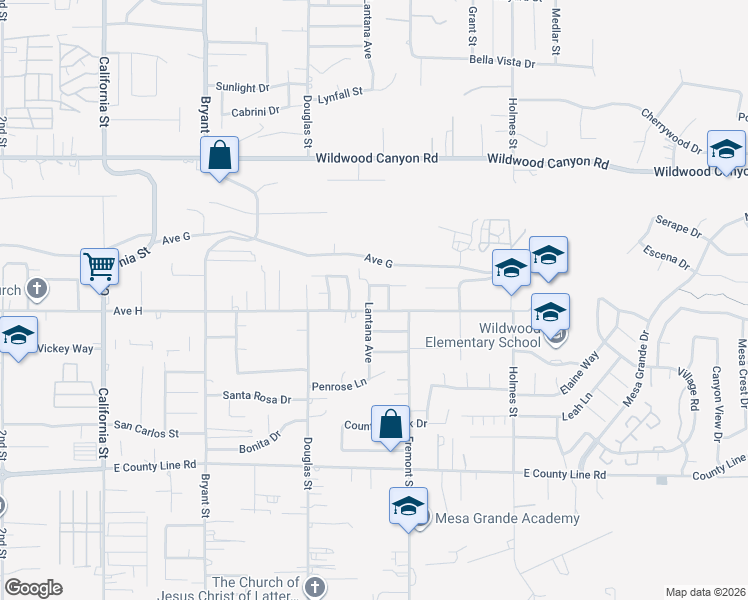 map of restaurants, bars, coffee shops, grocery stores, and more near 13377 Lantana Avenue in Yucaipa