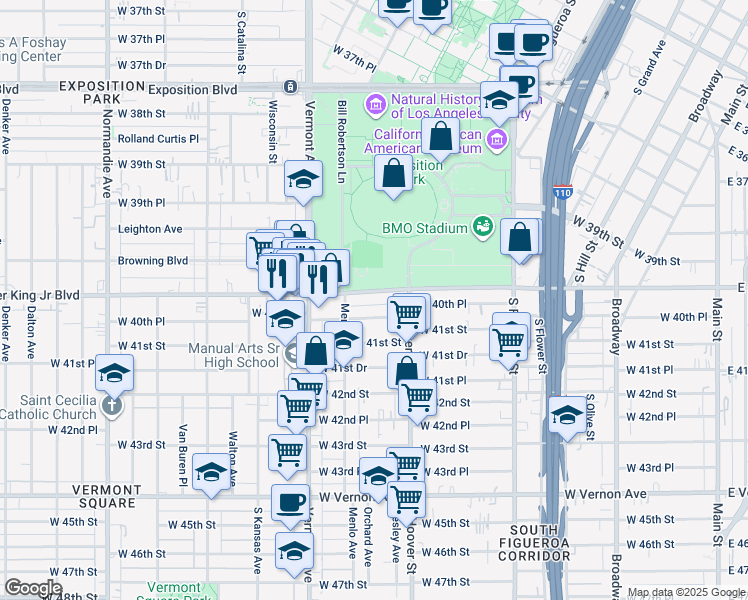 map of restaurants, bars, coffee shops, grocery stores, and more near 828 West Martin Luther King Junior Boulevard in Los Angeles