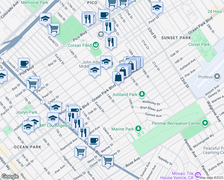 map of restaurants, bars, coffee shops, grocery stores, and more near 1417 Ocean Park Boulevard in Santa Monica