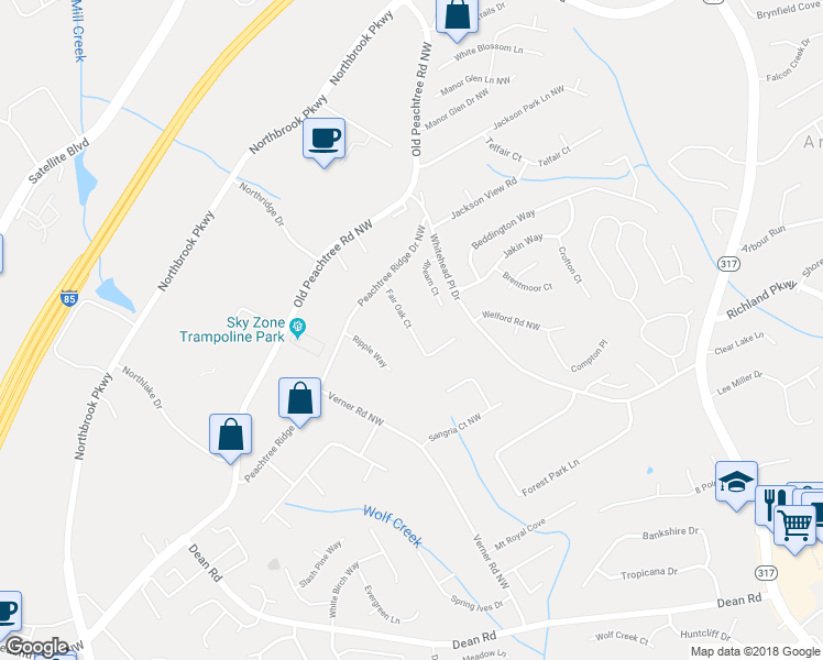 map of restaurants, bars, coffee shops, grocery stores, and more near 2537 Fair Oak Court in Lawrenceville