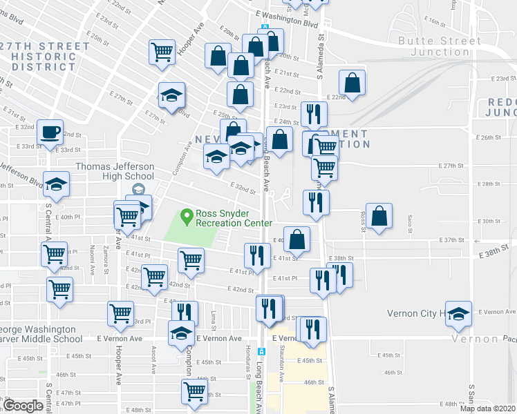map of restaurants, bars, coffee shops, grocery stores, and more near 3209 Long Beach Avenue in Vernon