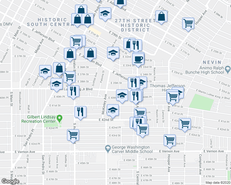 map of restaurants, bars, coffee shops, grocery stores, and more near 894 East Martin Luther King Junior Boulevard in Los Angeles