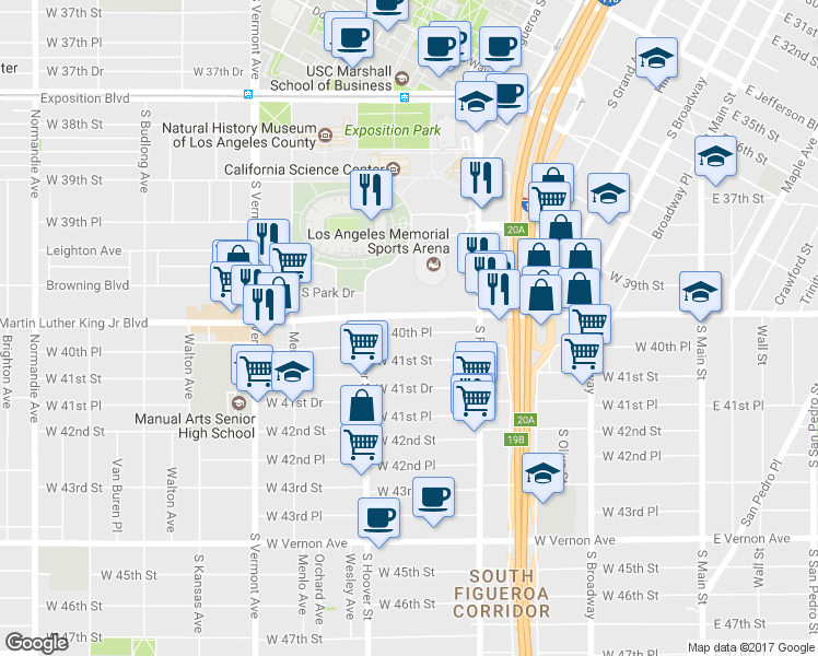 map of restaurants, bars, coffee shops, grocery stores, and more near 641 West 40th Place in Los Angeles