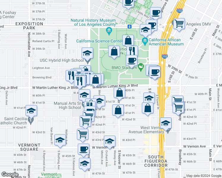 map of restaurants, bars, coffee shops, grocery stores, and more near 828 West Martin Luther King Junior Boulevard in Los Angeles