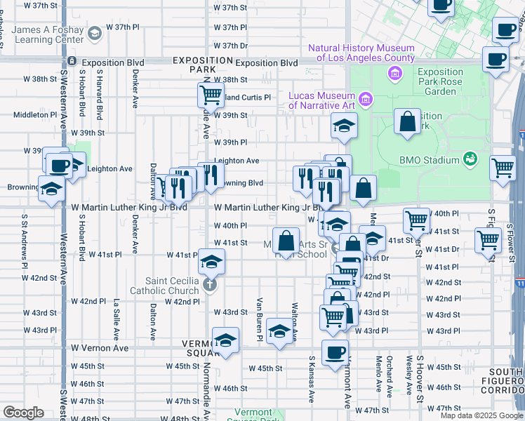 map of restaurants, bars, coffee shops, grocery stores, and more near 1245 West Martin Luther King Junior Boulevard in Los Angeles