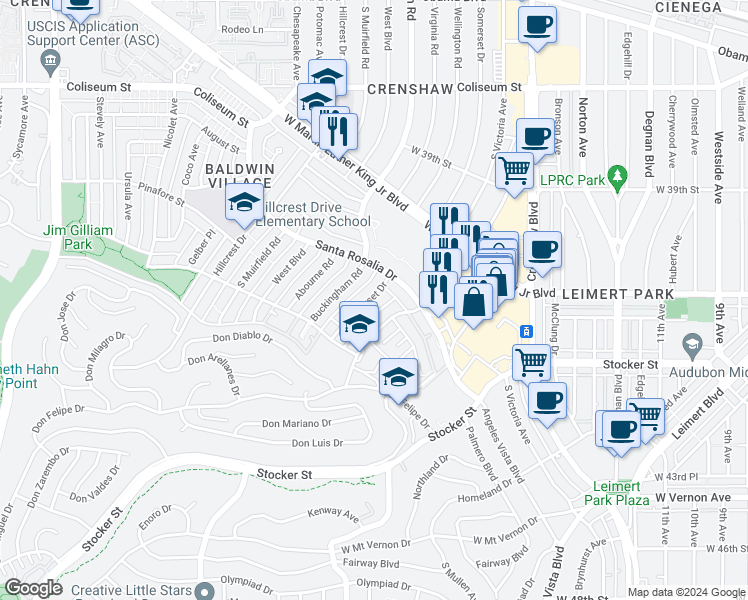 map of restaurants, bars, coffee shops, grocery stores, and more near 4135 Somerset Drive in Los Angeles