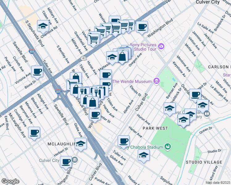 map of restaurants, bars, coffee shops, grocery stores, and more near 4022 Huron Avenue in Culver City