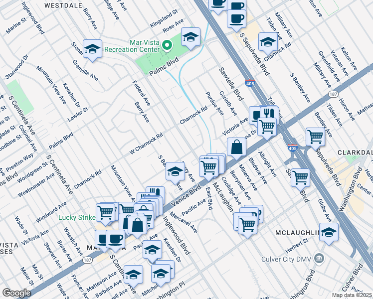 map of restaurants, bars, coffee shops, grocery stores, and more near 3652 McLaughlin Avenue in Los Angeles