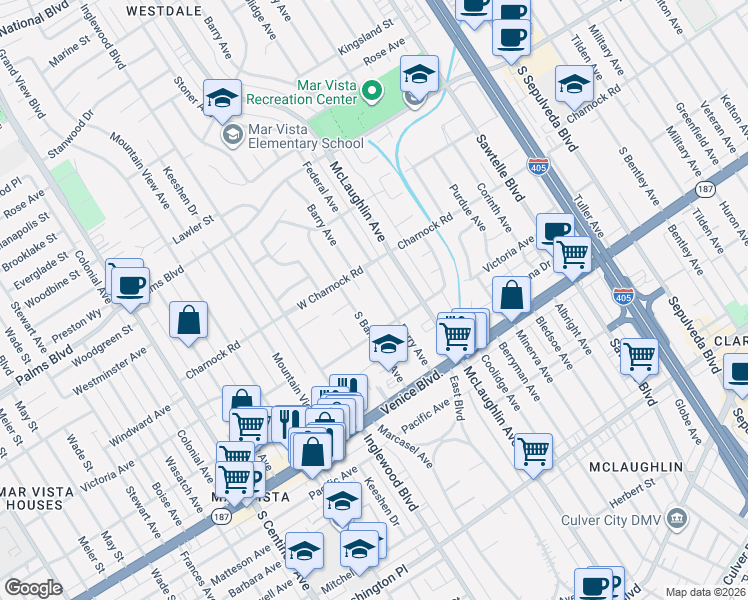map of restaurants, bars, coffee shops, grocery stores, and more near 3641 South Barry Avenue in Los Angeles