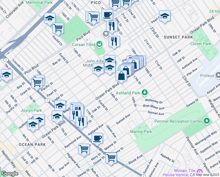 map of restaurants, bars, coffee shops, grocery stores, and more near 1417 Ocean Park Boulevard in Santa Monica