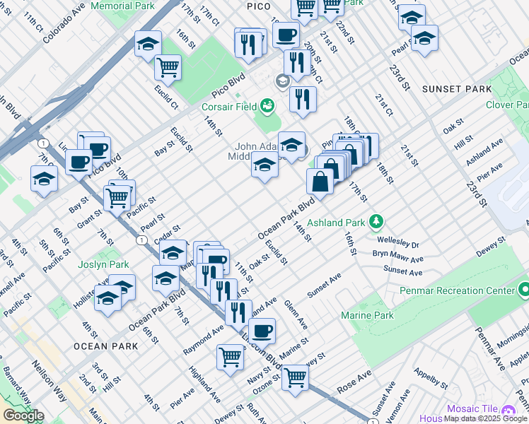 map of restaurants, bars, coffee shops, grocery stores, and more near 1343 Ocean Park Boulevard in Santa Monica