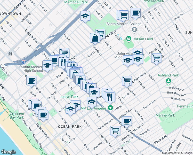 map of restaurants, bars, coffee shops, grocery stores, and more near 1027 Pearl Street in Santa Monica
