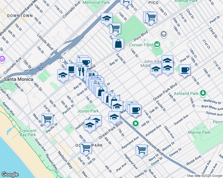 map of restaurants, bars, coffee shops, grocery stores, and more near 1027 Pearl Street in Santa Monica