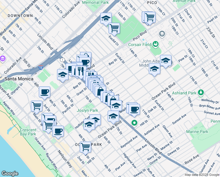 map of restaurants, bars, coffee shops, grocery stores, and more near 848 Pacific Street in Santa Monica