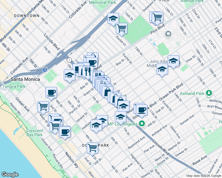 map of restaurants, bars, coffee shops, grocery stores, and more near 848 Pacific Street in Santa Monica