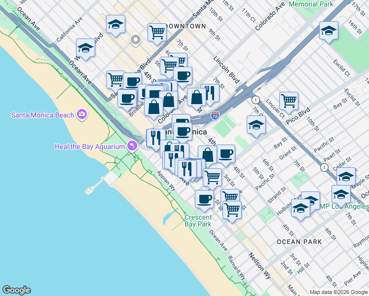 map of restaurants, bars, coffee shops, grocery stores, and more near 1725 Main Street in Santa Monica