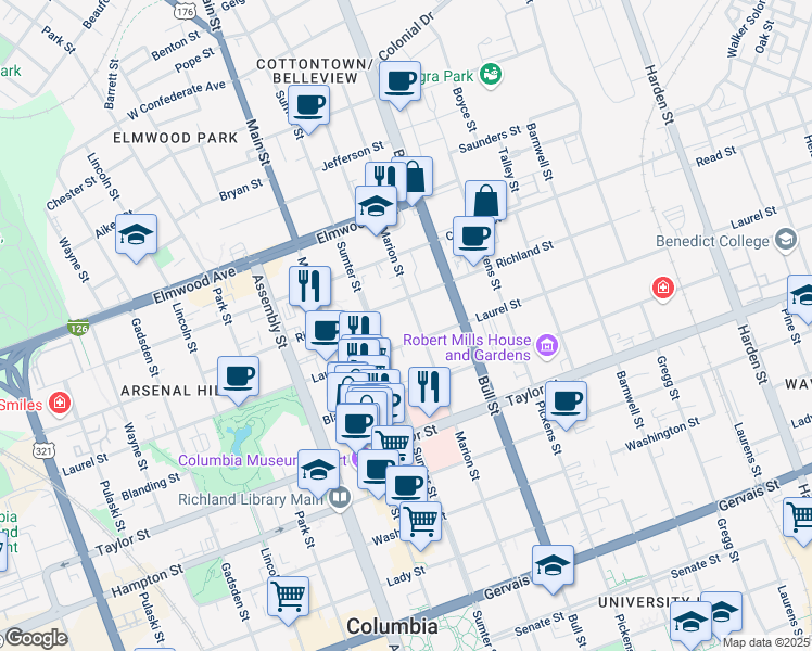 map of restaurants, bars, coffee shops, grocery stores, and more near 1819 Marion Street in Columbia