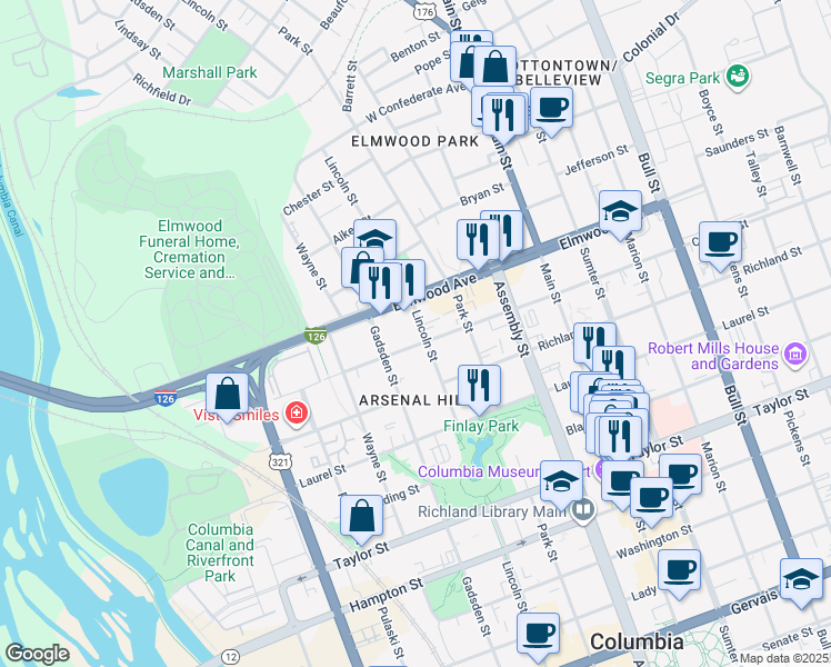 map of restaurants, bars, coffee shops, grocery stores, and more near 2008 Lincoln Street in Columbia