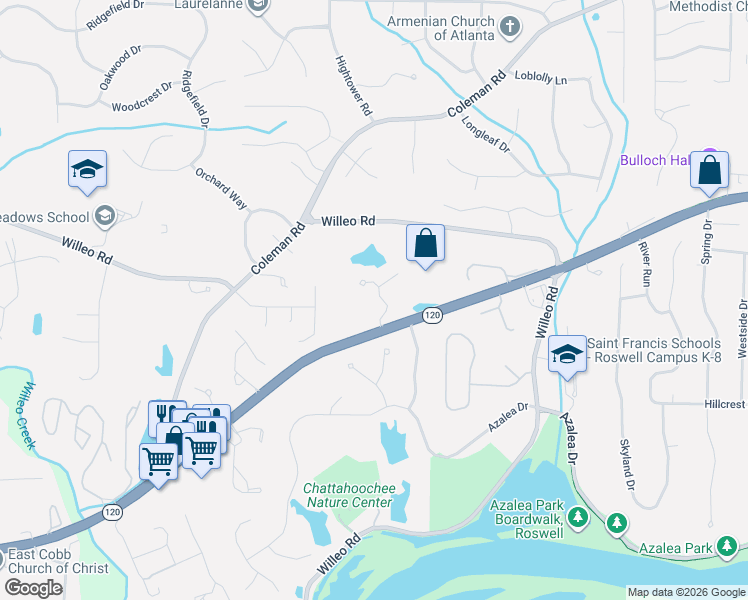 map of restaurants, bars, coffee shops, grocery stores, and more near 145 Lullwater Court in Roswell