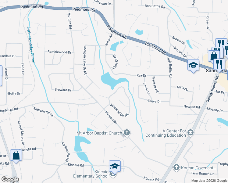map of restaurants, bars, coffee shops, grocery stores, and more near 2354 Milstead Circle Northeast in Marietta