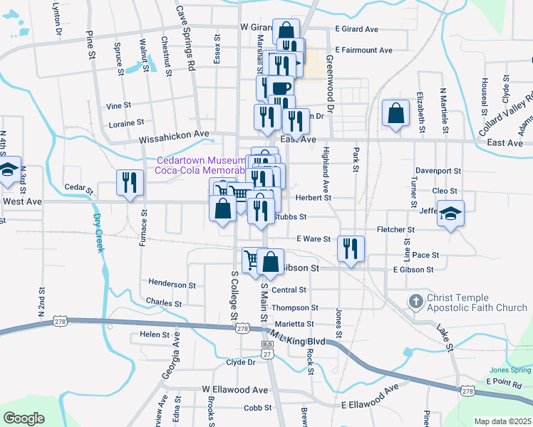map of restaurants, bars, coffee shops, grocery stores, and more near 404 South Main Street in Cedartown