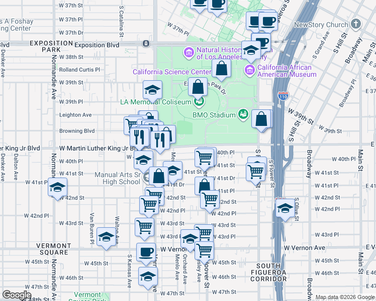 map of restaurants, bars, coffee shops, grocery stores, and more near 828 West Martin Luther King Junior Boulevard in Los Angeles