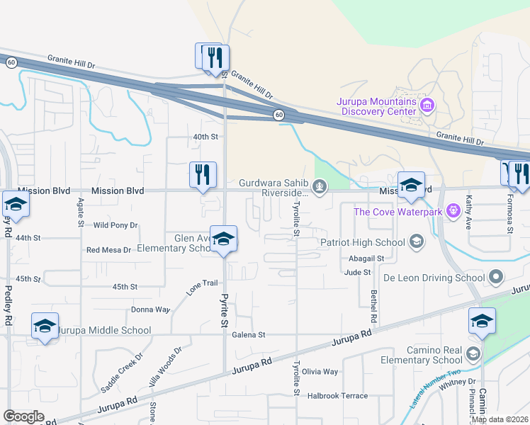 map of restaurants, bars, coffee shops, grocery stores, and more near 8086 Mission Boulevard in Riverside