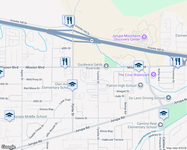map of restaurants, bars, coffee shops, grocery stores, and more near 4260 Crystal Lane in Riverside