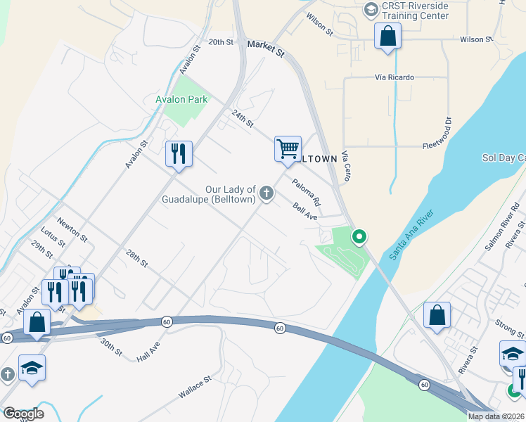 map of restaurants, bars, coffee shops, grocery stores, and more near 2542 Hall Avenue in Riverside