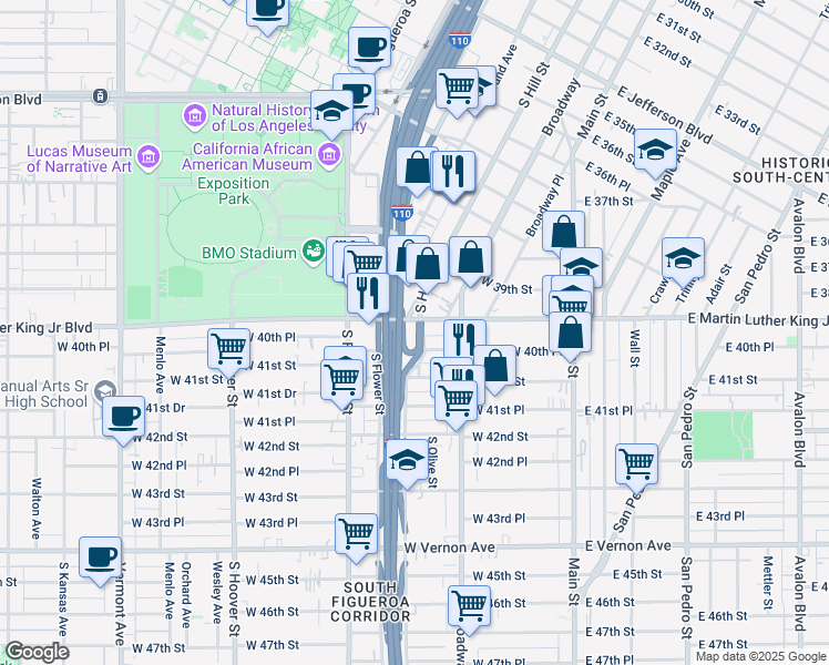 map of restaurants, bars, coffee shops, grocery stores, and more near 352 West Martin Luther King Junior Boulevard in Los Angeles