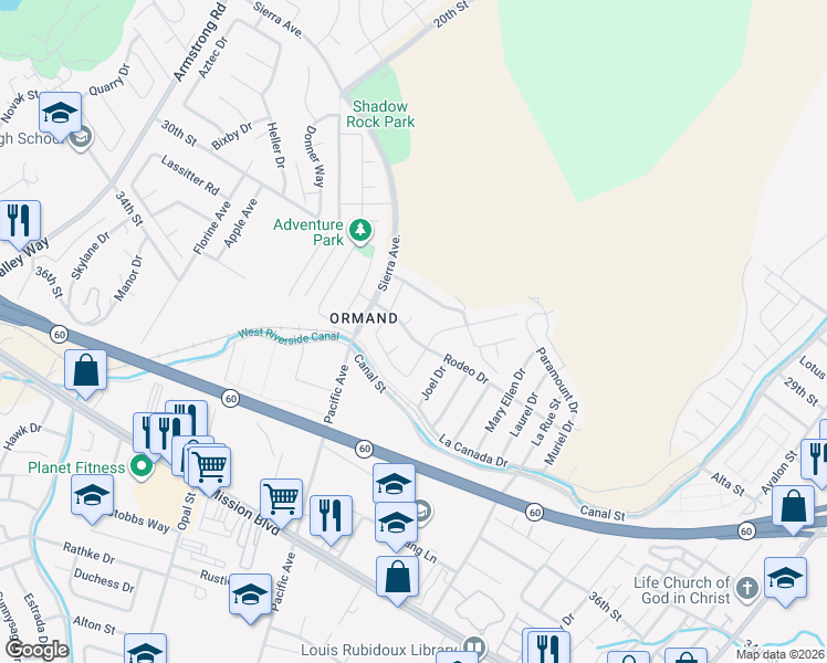 map of restaurants, bars, coffee shops, grocery stores, and more near 6041 La Canada Drive in Riverside