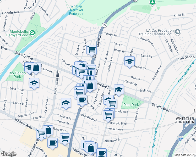 map of restaurants, bars, coffee shops, grocery stores, and more near 4339 Lindell Avenue in Pico Rivera