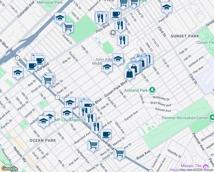 map of restaurants, bars, coffee shops, grocery stores, and more near 1343 Ocean Park Boulevard in Santa Monica