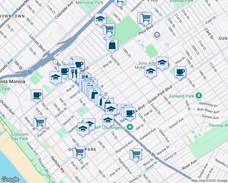map of restaurants, bars, coffee shops, grocery stores, and more near 1027 Pearl Street in Santa Monica