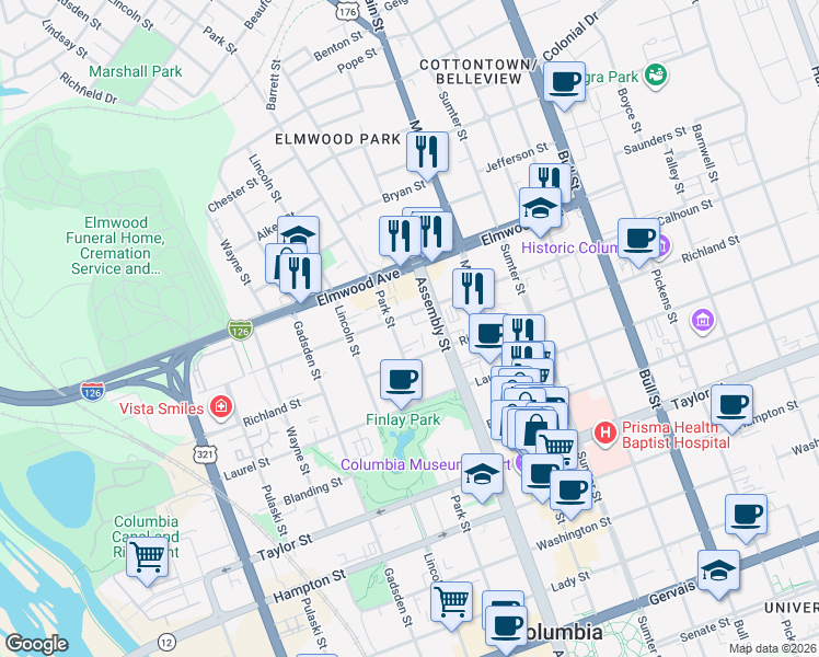map of restaurants, bars, coffee shops, grocery stores, and more near 1012 Calhoun Street in Columbia