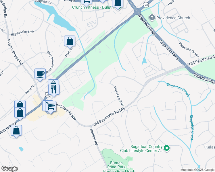 map of restaurants, bars, coffee shops, grocery stores, and more near 3448 Forest Knoll Drive in Duluth