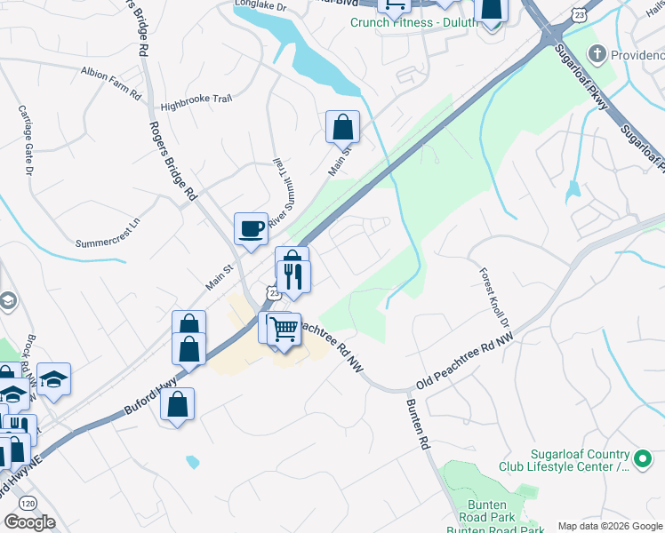 map of restaurants, bars, coffee shops, grocery stores, and more near 2811 Royston Drive in Duluth