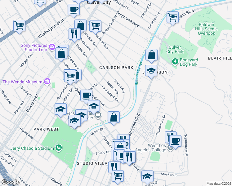 map of restaurants, bars, coffee shops, grocery stores, and more near 4381 Motor Avenue in Culver City