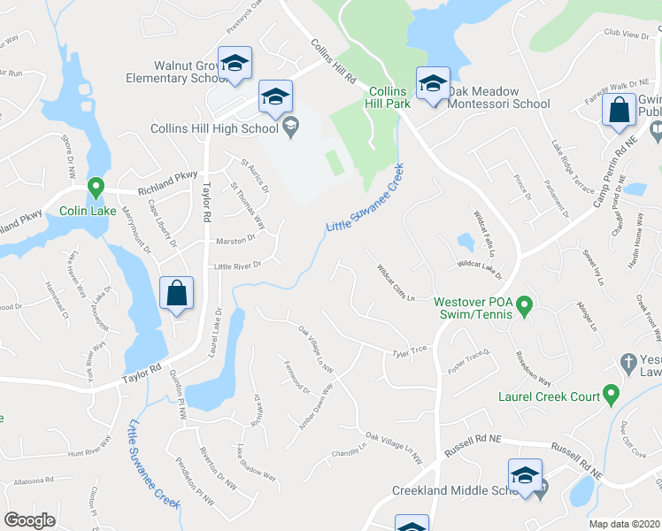 map of restaurants, bars, coffee shops, grocery stores, and more near 50 Karen Camille Drive Northwest in Lawrenceville